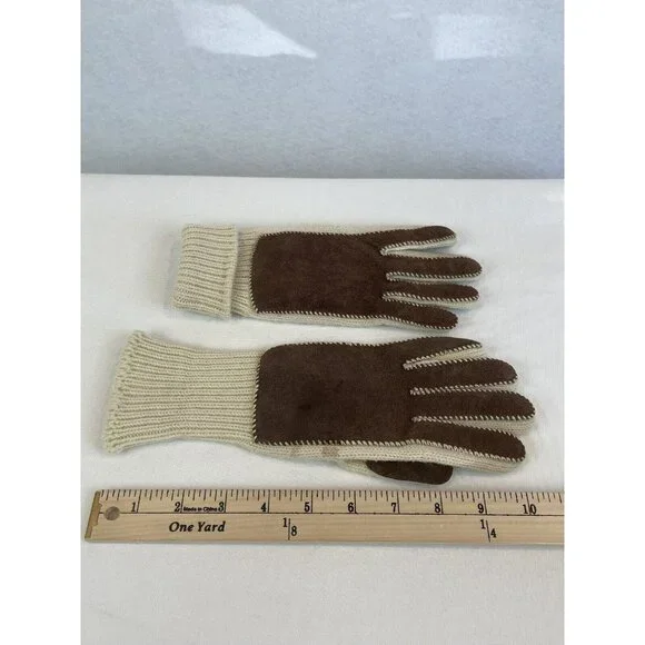 Vintage Suede And Knit Gloves Mittens Beige Cream Brown - Picture 10 of 10